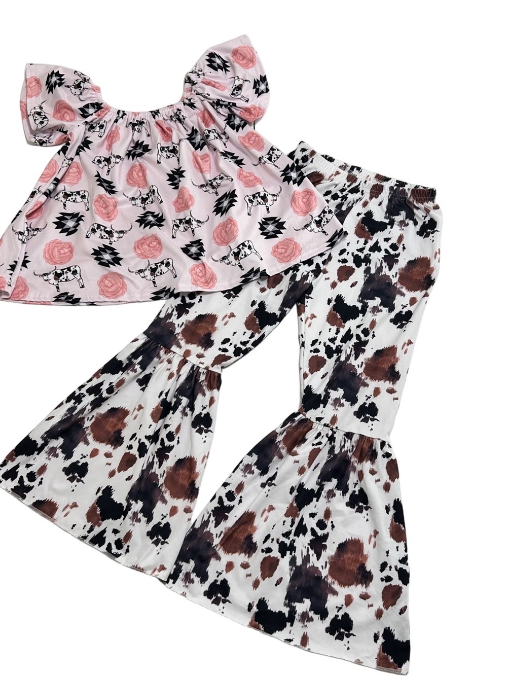 Cow print flare pants girls pants set size 7/8 NWT